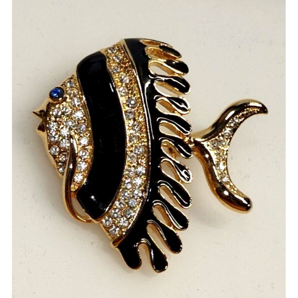 Vtg Park Lane Angel Fish Brooch Pin Pendant Rhinestone Black Enamel Gold Tone